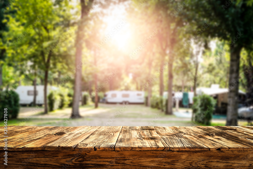 Table background of free space and camping background  - obrazy, fototapety, plakaty 