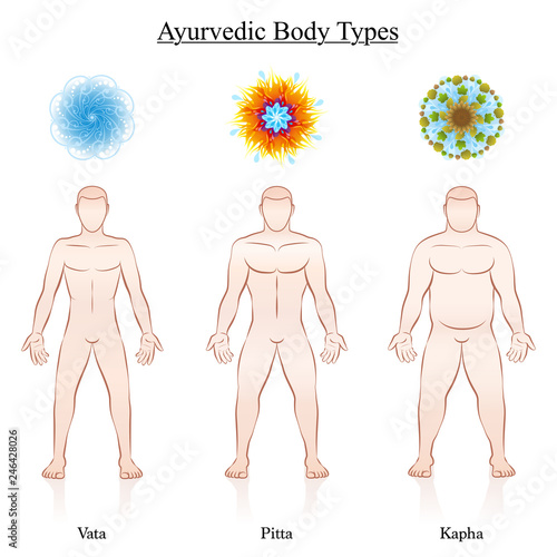 Ayurvedic dosha symbols - vata, pitta, kapha with the relevant depiction of three male body constitution types. Isolated vector illustration on white.
