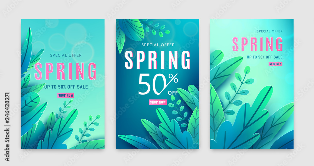 Spring sale background. Springtime discount poster set with bright green blue fantasy leaves, light effect, season type text sign 50 percent off. Promo offer template. Vector illustration
