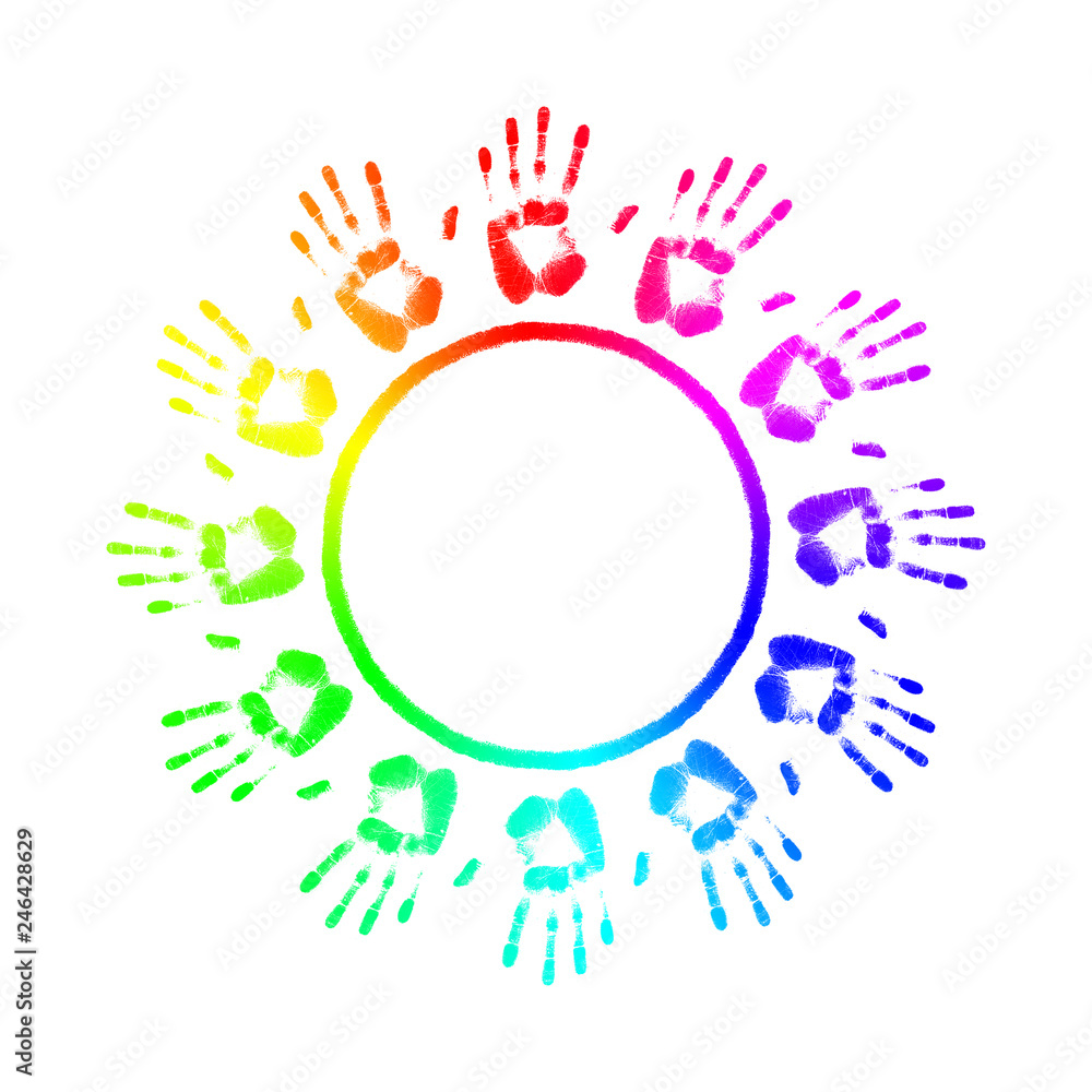Obraz premium viele bunte Hände im Kreis, Regenbogenfarben