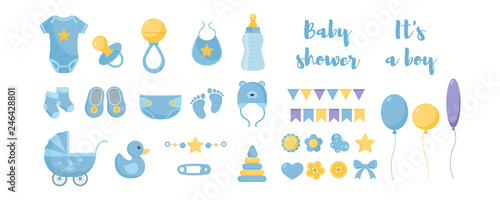 Toddler nursing and health care and hygiene products with decorative elements for baby shower design.