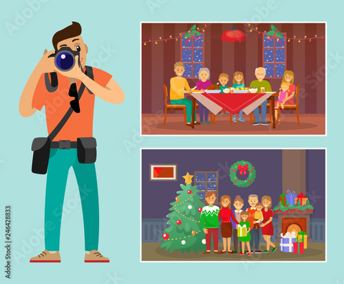 Christmas holiday celebration family standing by tree vector. Professional pphotographer,  taking photoshoot of people atmosphere of winter events photo