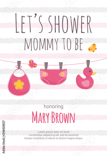 Baby shower invitation template with pink and yellow baby girl diaper, bib and duck toy hanging on pins.