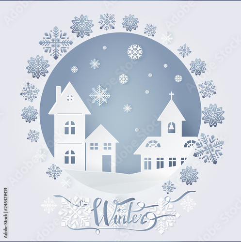 Chimney with bells and dwelling with windows on snowy ground at night vector. Winter nature, falling snow, card decorated by snowflakes on white landscape, paper art and craft style