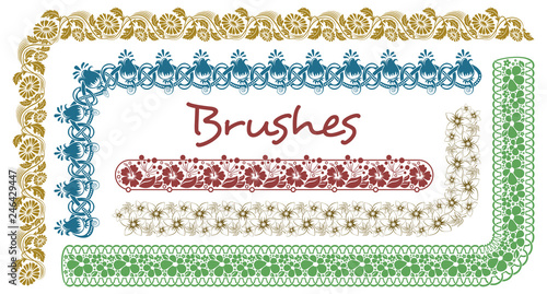 Set of decorative floral vector brushes with start and end tiles. Dividers, borders, ornaments. Vintage lace illustration suitable for greeting cards and invitations.