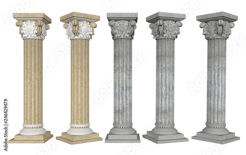 Columns with Capital from different angles on white background. 3D rendering. 3D illustration