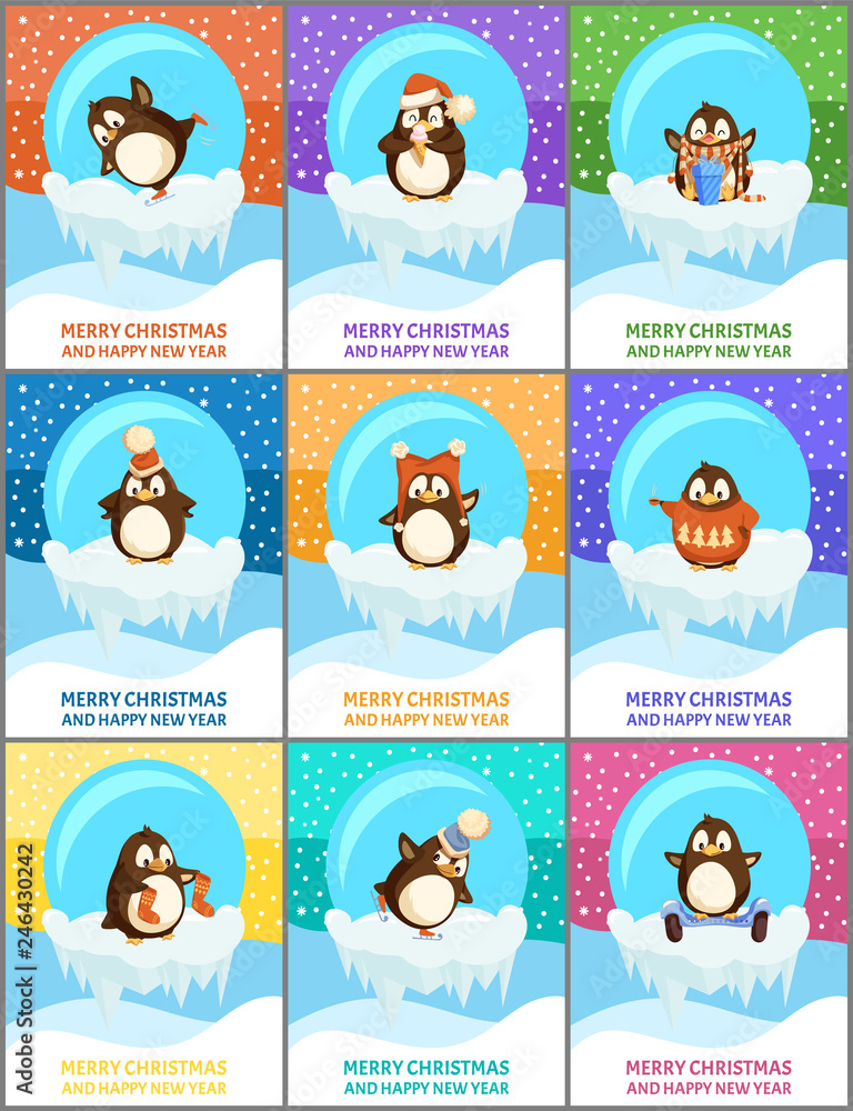 Merry Christmas happy New Year posters set with text sample vector. Penguin wearing Santa Claus hat, wild animal from pole, snowing weather snowfall