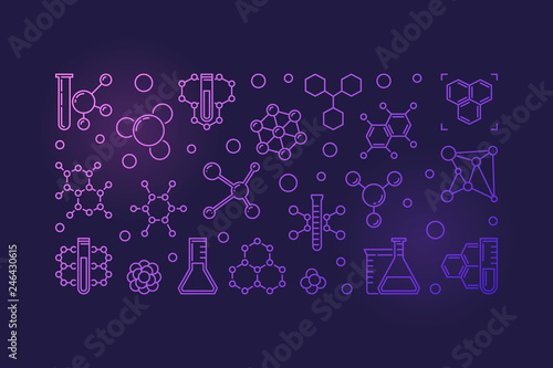 Chemical concept outline colored banner - vector Chemistry linear horizontal illustration on dark background