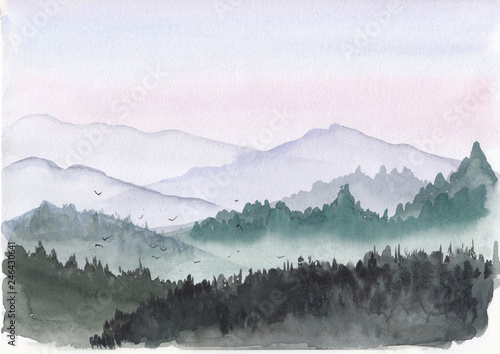 Canvas Print Watercolor illustration, mountain landscape, mountains in the fog, hand-drawn is