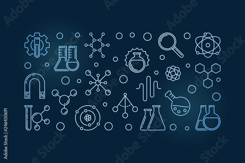 Chemical Physics vector blue modern outline horizontal illustration on dark background