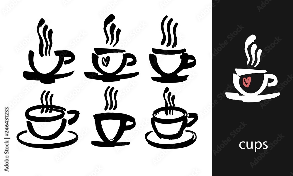 Coffee and tea cups symbols for fast food or restaurant design. Modern brush ink. Isolated on white background.