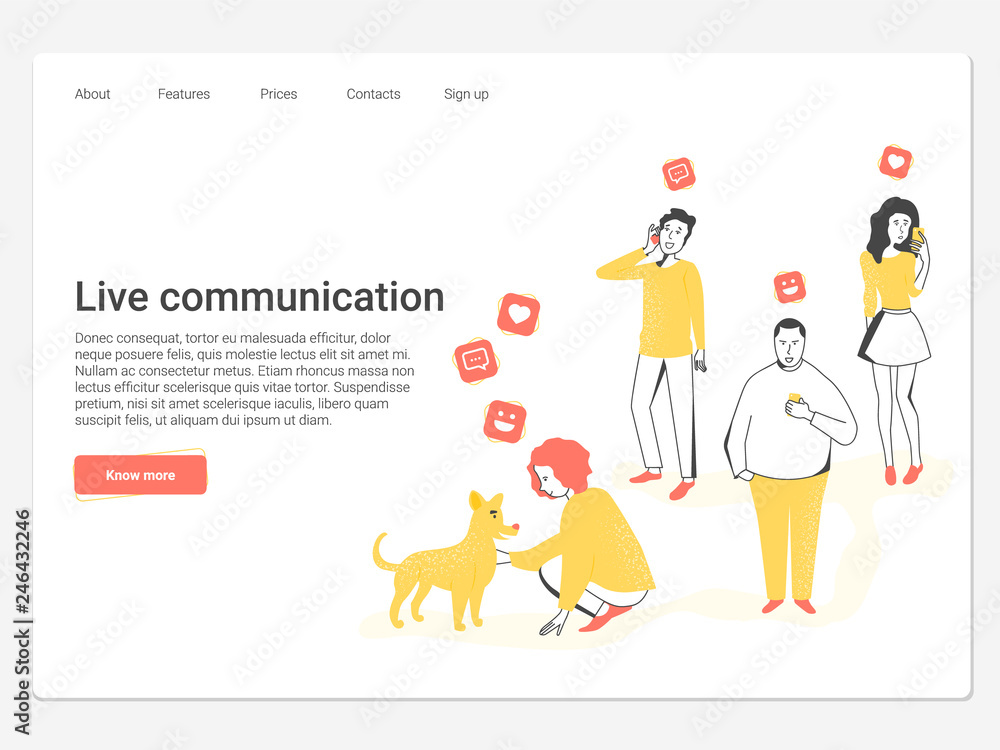 Concept landing page. People look in the phones, buried in gadgets, and only one girl communicates with the dog and gets the whole spectrum of emotions.