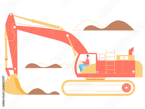 The driver of an excavator on a working career. He will load the ore. Large industrial machine. Bright trendy illustration on a white background.