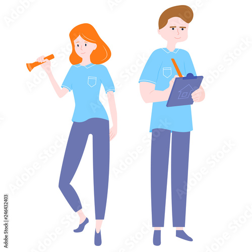 Home Inspectors at home control. Flat vivid Illustration isolated on white background.