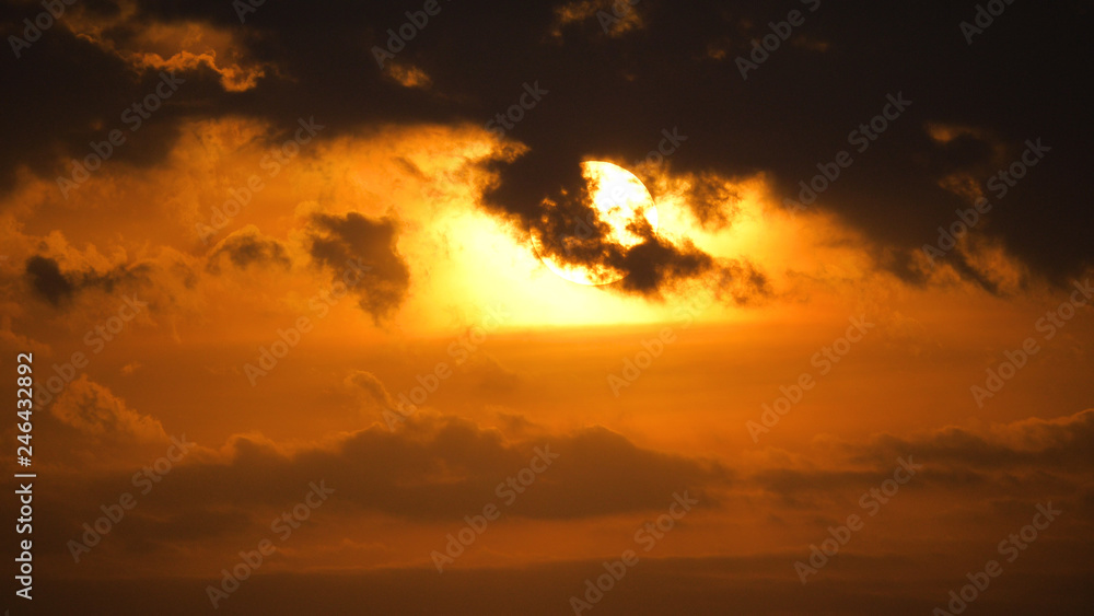 Sunset, sunrise with clouds. orange skies and sun