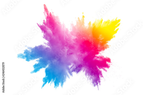 Multi color powder explosion on white background.