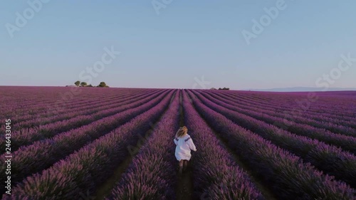 Drone video of free and happy young woman in flowing white traditional dress in pink and purple lavender fields at sunset photo