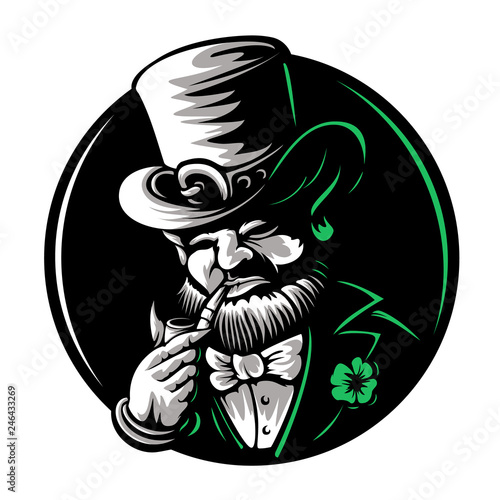 Leprechaun mascot character engraved vector illustration for Saint Patrick's Day etching linocut style Dwarf traditional Irish folklore Celtic mythology with hat shamrock and pipe on black background