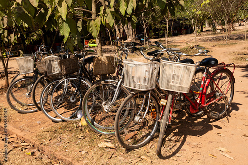 Bicicletas vintage aparcadas en el campo.