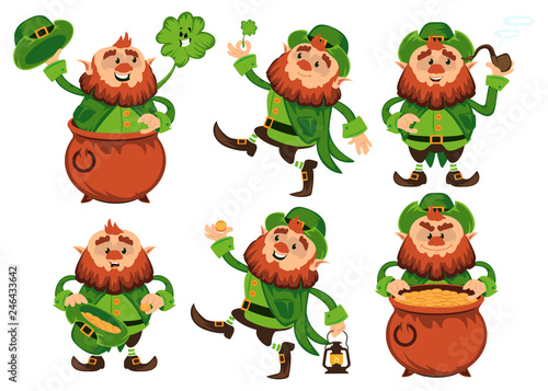 Leprechaun cartoon character vector set for Saint Patrick Day in different poses Funny dwarf emoji variations traditional Irish folklore Celtic mythology with hat shamrock and pot on white background