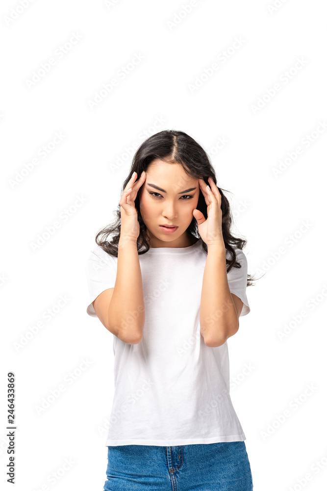 asian woman with headache touching head isolated on white asian woman with headache touching head isolated on white