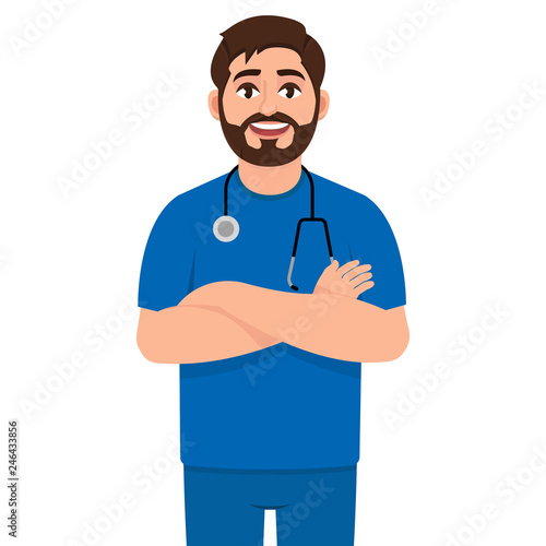 Self confident Doctor with stethoscope. Medic in working clothes vector illustration, happy character in cartoon style