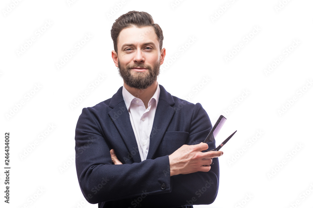 Bearded man brutal caucasian hipster with moustache holding Barber scissors and straight razor isolated on white background. Mens haircut in barber shop. Mens haircut, shaving. Male in barbershop.
