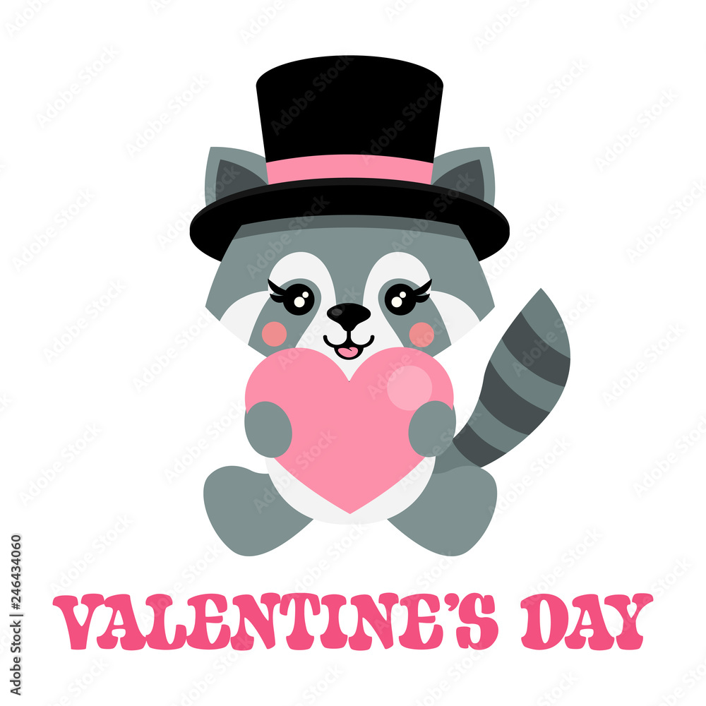 cartoon cute raccoon with hat and heart sits and text