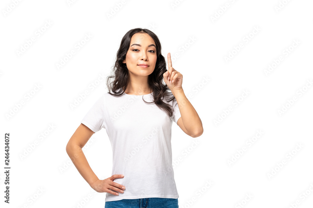 pretty asian woman showing idea gesture isolated on white pretty asian woman showing idea gesture isolated on white
