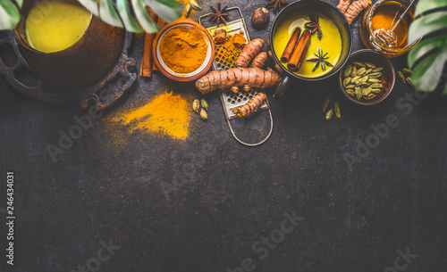Healthy ingredients border for making turmeric milk drink with fresh turmeric roots , spices and honey on dark background. Hot winter beverage. Immune boosting remedy , detox and dieting concept .