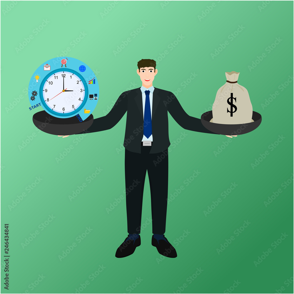 Businessman holding balance between time process and money bag , success profit concept Businessman holding balance between time process and money bag , success profit concept