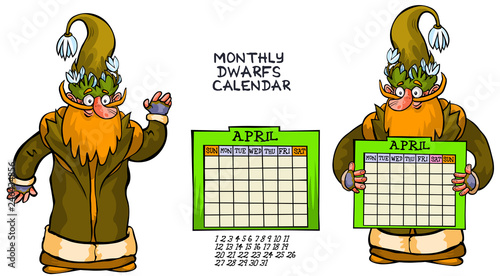 Cartoon dwarf character with monthly calendar panel- two options for week arrangement. all in separated layers for easy editing.
