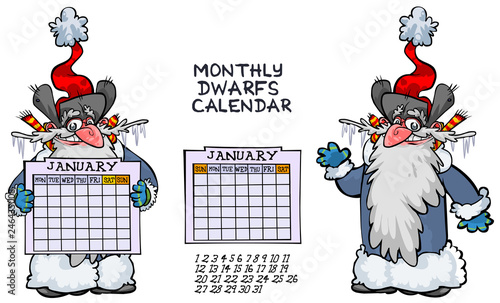 Cartoon dwarf character with monthly calendar panel- two options for week arrangement. all in separated layers for easy editing.