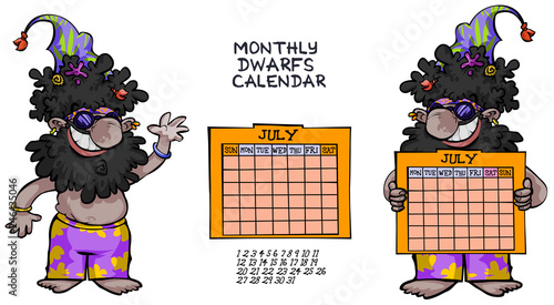 Cartoon dwarf character with monthly calendar panel- two options for week arrangement. all in separated layers for easy editing.