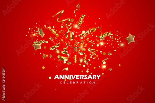 First Anniversary celebration. Golden number 1 with sparkling confetti, stars, glitters and streamer ribbons. Vector festive illustration.