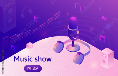 Modern music radio show or audio blog concept, podcast isometric 3d illustration, vector landing page template with people, microphone, sound studio interior