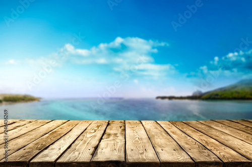 Table background of free space and summer landscapre of sea and sky 