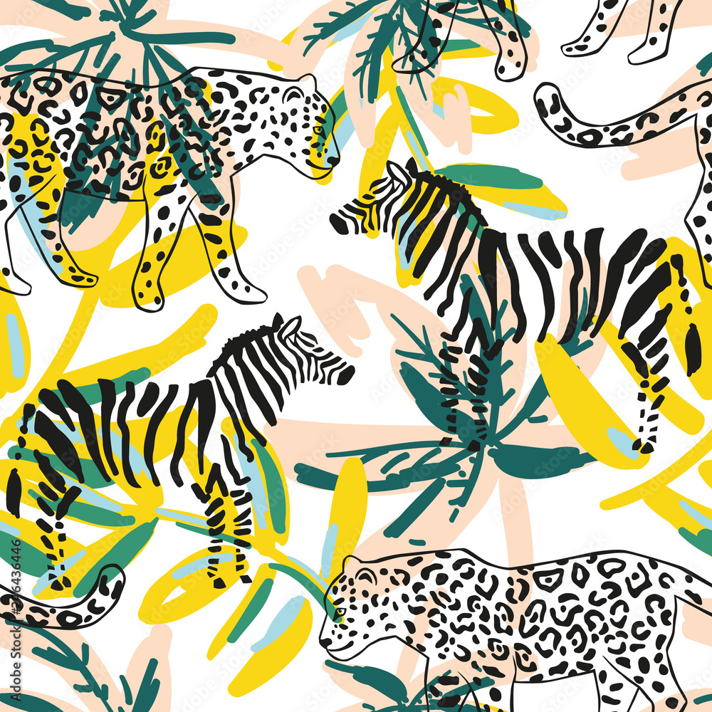 Obraz premium Tropical leopard, zebra animal, palm leaves, white background. Vector seamless pattern. Graphic illustration. Exotic jungle plants. Summer beach floral design. Paradise nature