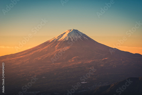 The peak of Mt. Fuji at sunrise in Fujikawaguchiko  Japan.