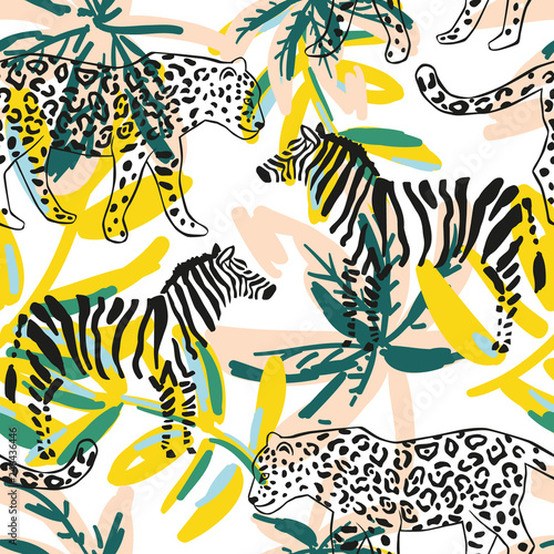Tropical leopard  zebra animal  palm leaves  white background. Vector seamless pattern. Graphic illustration. Exotic jungle plants. Summer beach floral design. Paradise nature