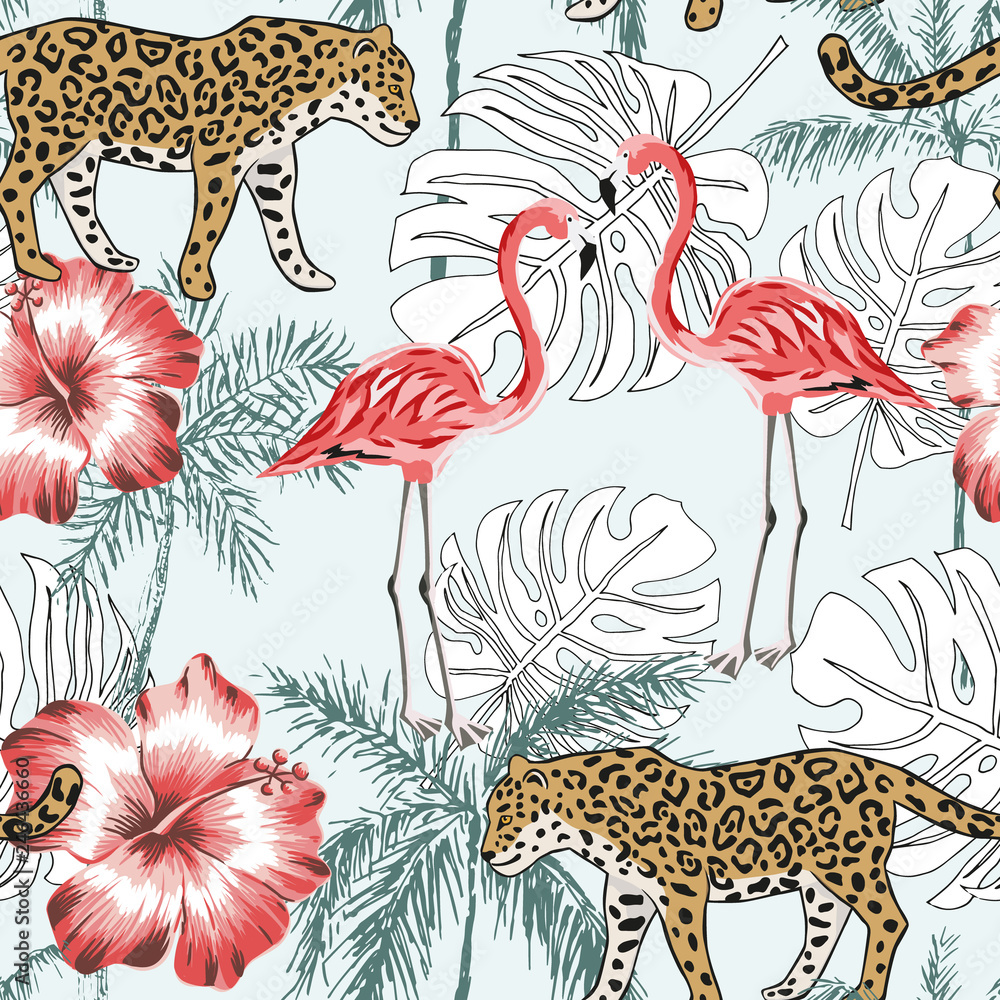 Obraz premium Pink flamingo, leopard, palm trees silhouettes, red hibiscus flowers background. Vector seamless pattern. Tropical illustration. Exotic animals and birds. Summer beach design. Paradise nature