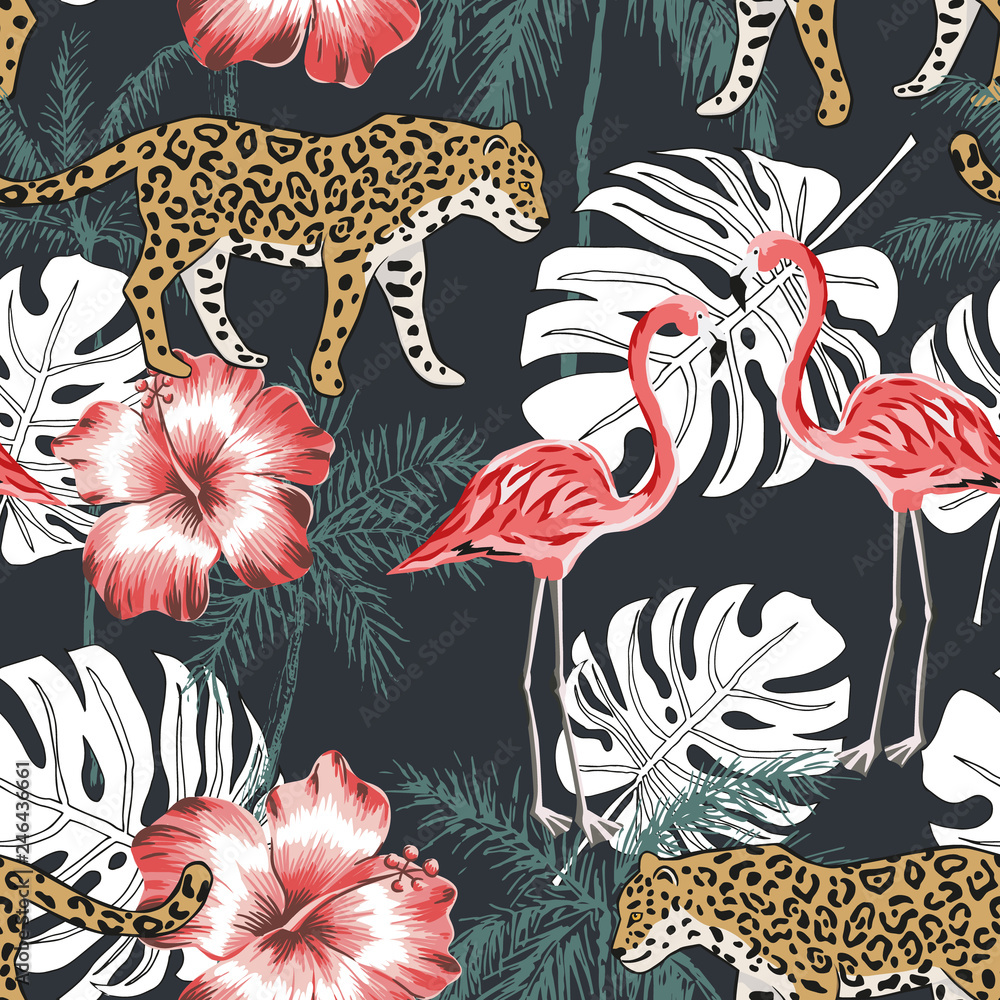Obraz premium Pink flamingo, leopard, palm trees, red hibiscus flowers, black background. Vector seamless pattern. Tropical illustration. Exotic animals and birds. Summer beach design. Paradise nature