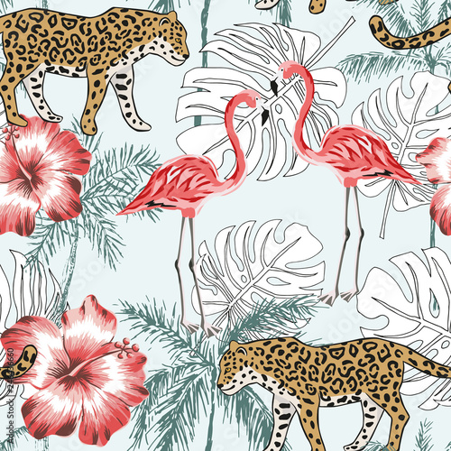 Pink flamingo, leopard, palm trees silhouettes, red hibiscus flowers background. Vector seamless pattern. Tropical illustration. Exotic animals and birds. Summer beach design. Paradise nature