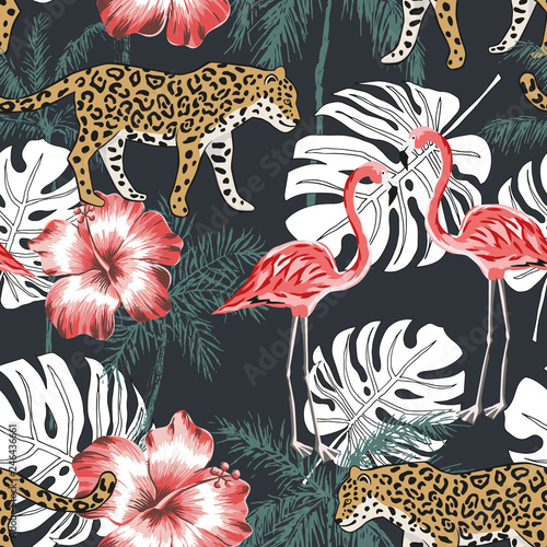 Pink flamingo, leopard, palm trees, red hibiscus flowers, black background. Vector seamless pattern. Tropical illustration. Exotic animals and birds. Summer beach design. Paradise nature