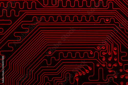 View from underside of a circuit board electronic. Computer hardware and things of Information technology.
