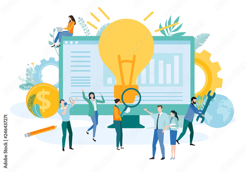 Landing page template for business projects and online technologies with people and lightbulb. Landing page template for business projects and online technologies with people and lightbulb.