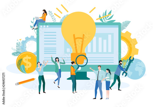 Landing page template for business projects and online technologies with people and lightbulb.