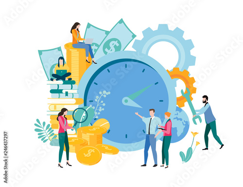 Time is money. Template for business and educational projects with people, clock, money and books.