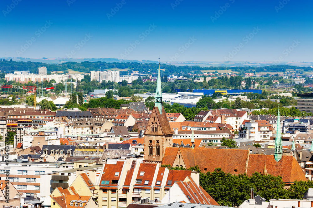 Small church in Strasbourg areal view over suburbs