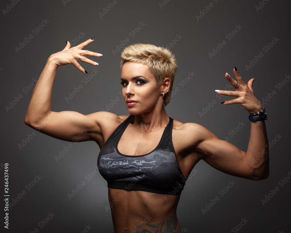 Portrait of a beautiful strong woman with short haircut and make-up Stock  Photo